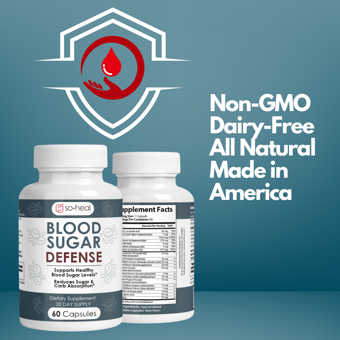 Sugar Shield Defense Supplement - Cinnamon, Chromium, Vanadium, Triple Protection for Heart, Metabolism, Energy - 60 Capsules, Made in USA