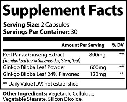 Panax Ginseng & Ginkgo Biloba - Energy Booster, Mental Clarity, and Natural Mood Booster